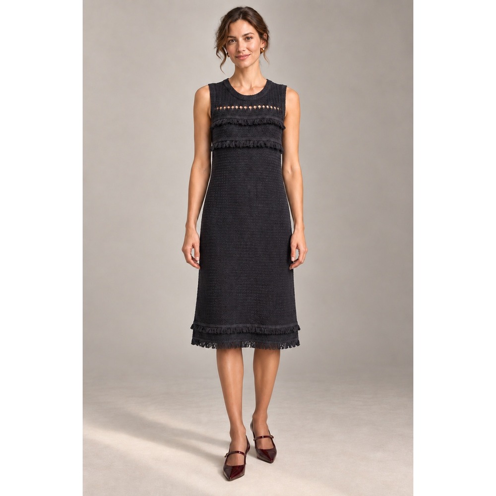 NWT J. Crew Factory Sleeveless Fringed Sweater Dress Black Crochet XS Boho
